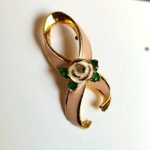 ENAMEL PINK ribbon & WHITE ROSE pin